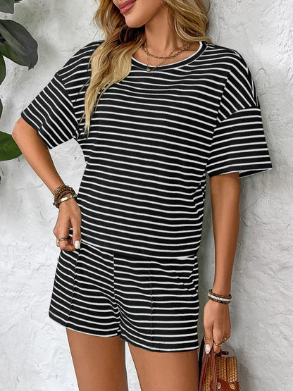 Naomy - Striped Round Neck Short Sleeve Top and Shorts Set