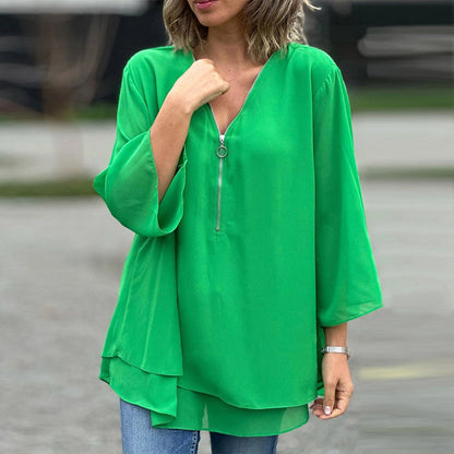 Hyacinth - V-Neck Flowy Zipped Top