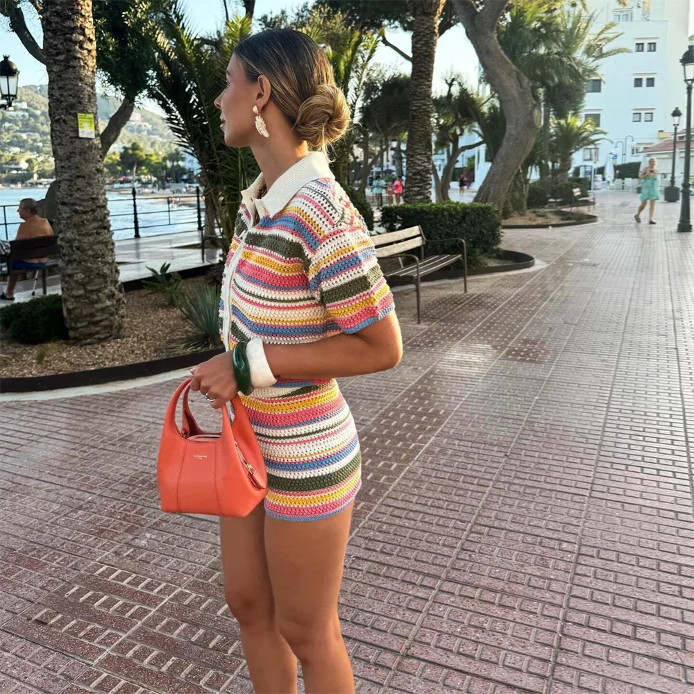 Marbella™️ POLO collar short knitted sweater striped shorts set