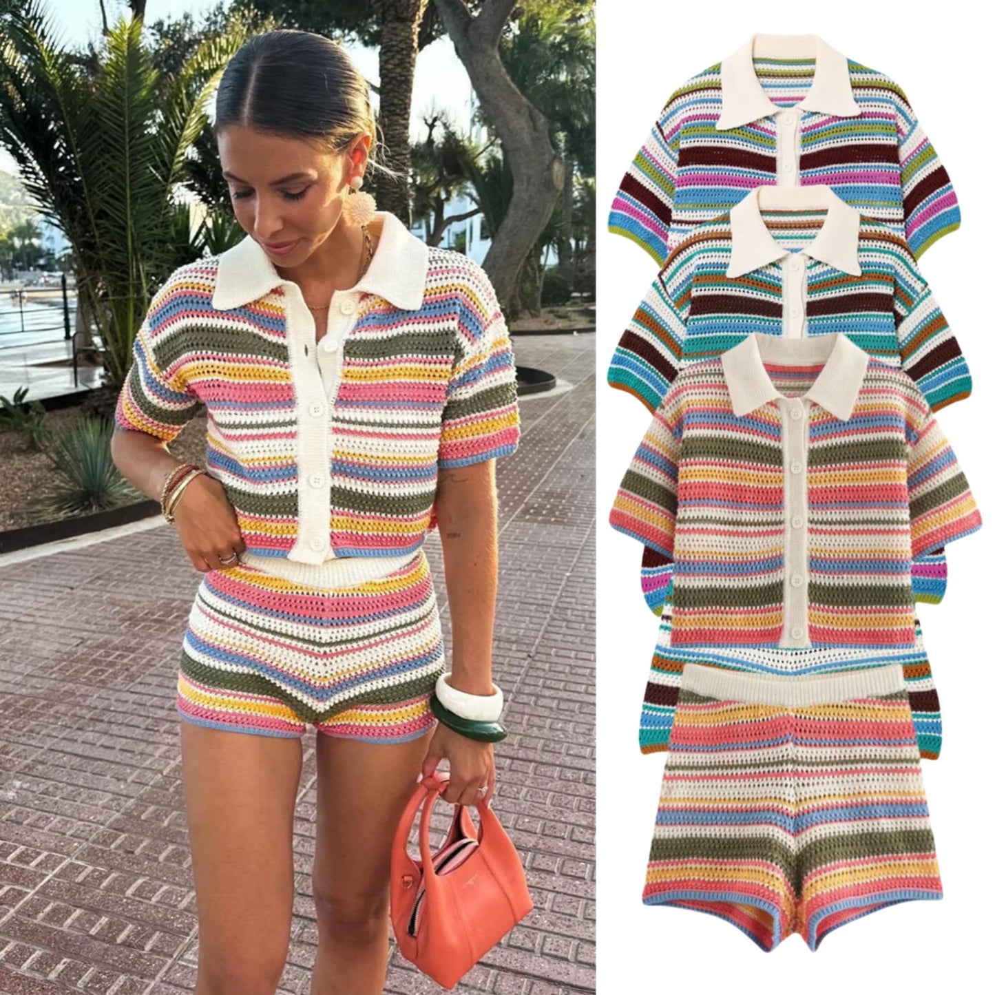 Marbella™️ POLO collar short knitted sweater striped shorts set