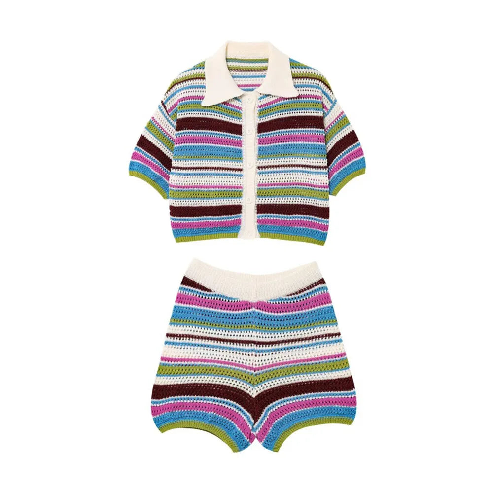 Marbella™️ POLO collar short knitted sweater striped shorts set