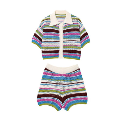 Marbella™️ POLO collar short knitted sweater striped shorts set