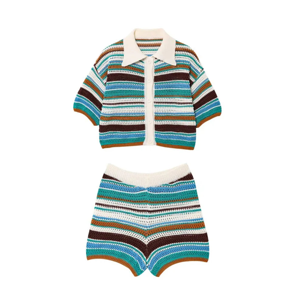 Marbella™️ POLO collar short knitted sweater striped shorts set