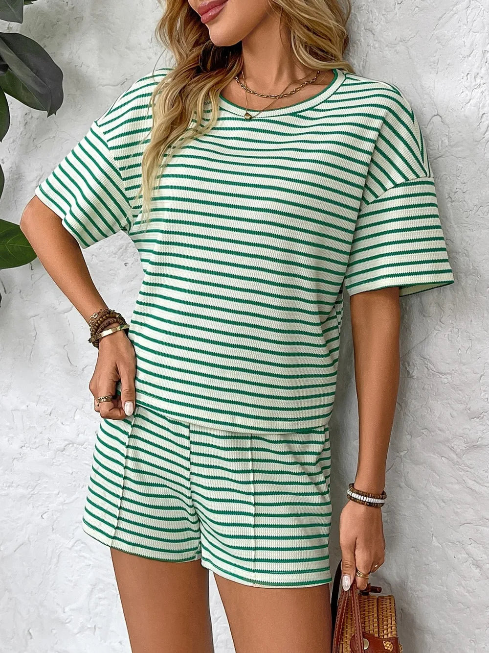 Naomy - Striped Round Neck Short Sleeve Top and Shorts Set