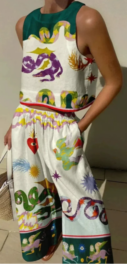 NoirBlanc Sydney™ | Unique Print Tank Top and Elastic Waist Pocket Trousers Set