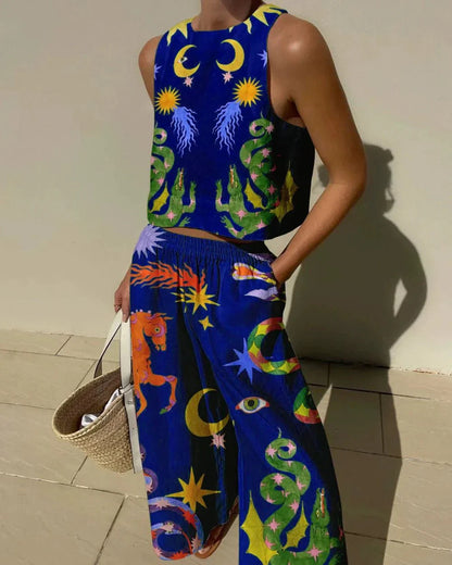 NoirBlanc Sydney™ | Unique Print Tank Top and Elastic Waist Pocket Trousers Set