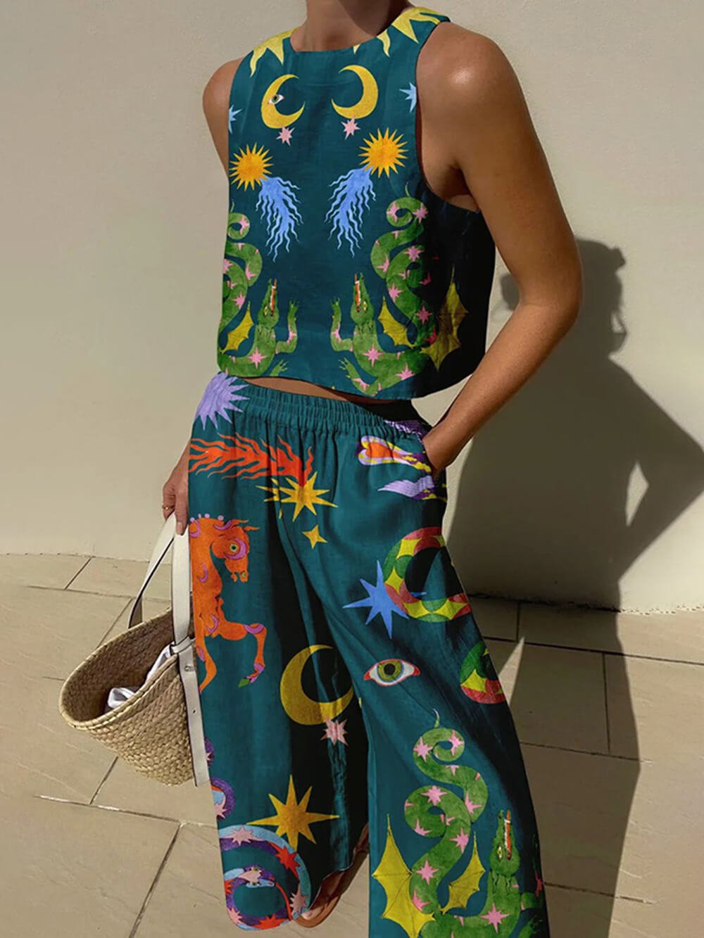 NoirBlanc Sydney™ | Unique Print Tank Top and Elastic Waist Pocket Trousers Set
